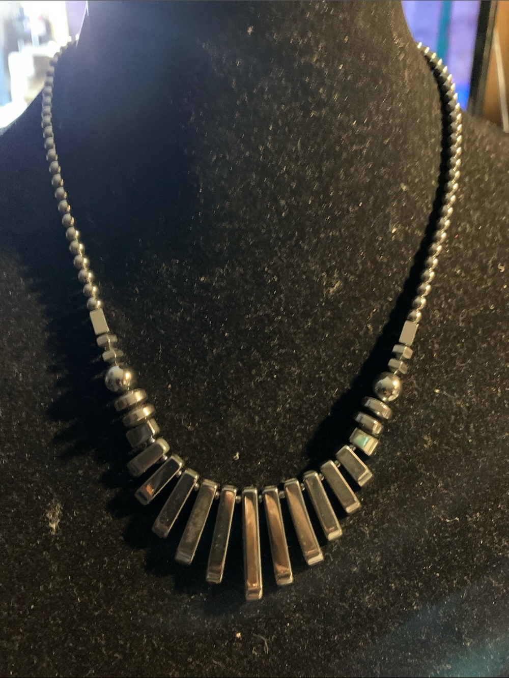 Black Hematite-Bib Style Bar Beaded Necklace -